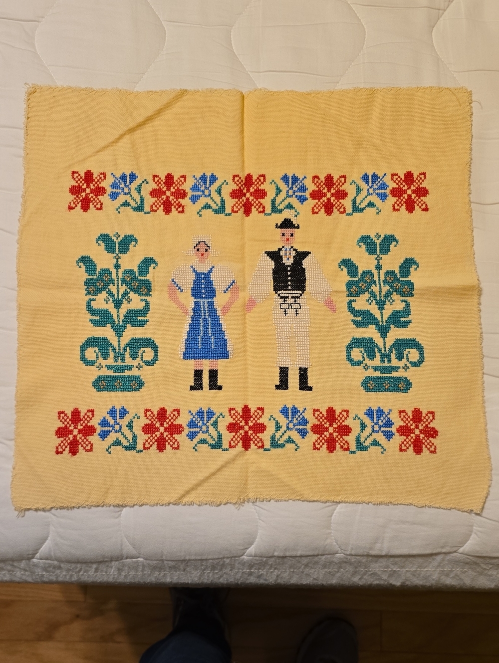 Vintage Embroidered Slovak Folk Couple Pillow Panel in Yellow
